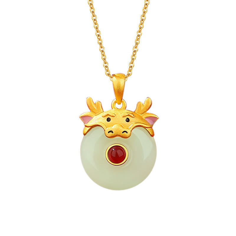 925 Sterling Silver Hetian Jade Chinese Zodiac Year of the Dragon Red Agate Luck Protection Necklace Pendant (Extra 30% Off | USE CODE: FS30)