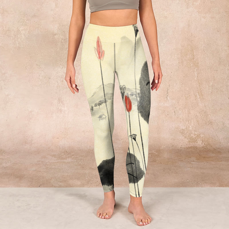 Lotus Mountains House Print Gym Leggings Women's Yoga Pants