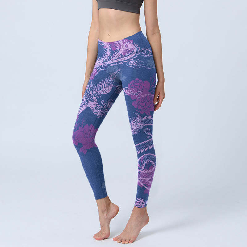 Purple Dragon Phoenix Flowers Print Gym Leggings Women's Yoga Pants
