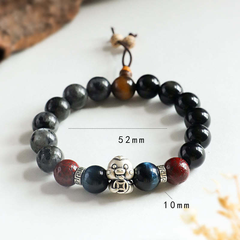 Black Glitter Stone Black Onyx 999 Sterling Silver Fu Character Copper Coin Year Of Snake Protection Bracelet