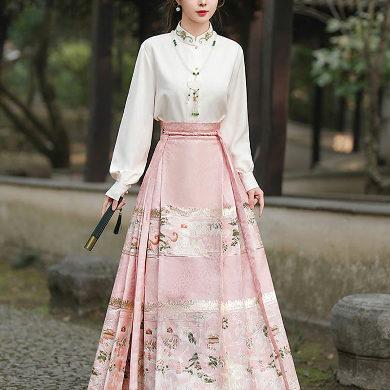Chinese Hanfu Pink Peach Garden Printed Horse Face Skirt Mamianqun