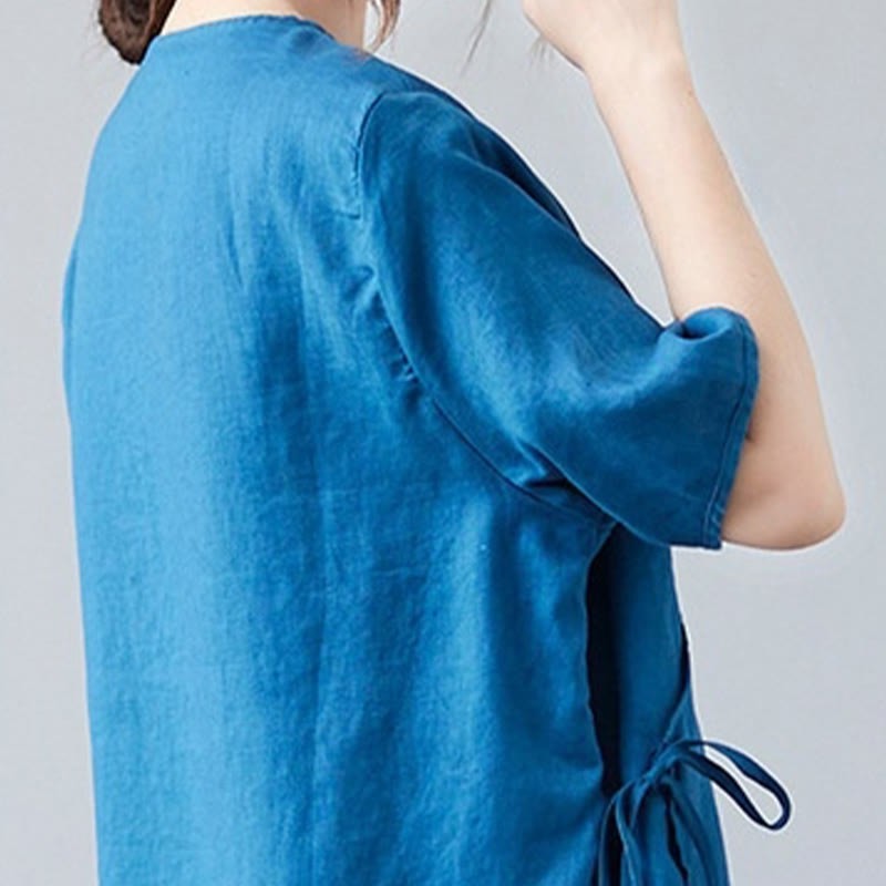 Summer Casual Ethnic Embroidery Flower Lace-up Short Sleeve V-neck Cotton Linen Women's T-Shirt