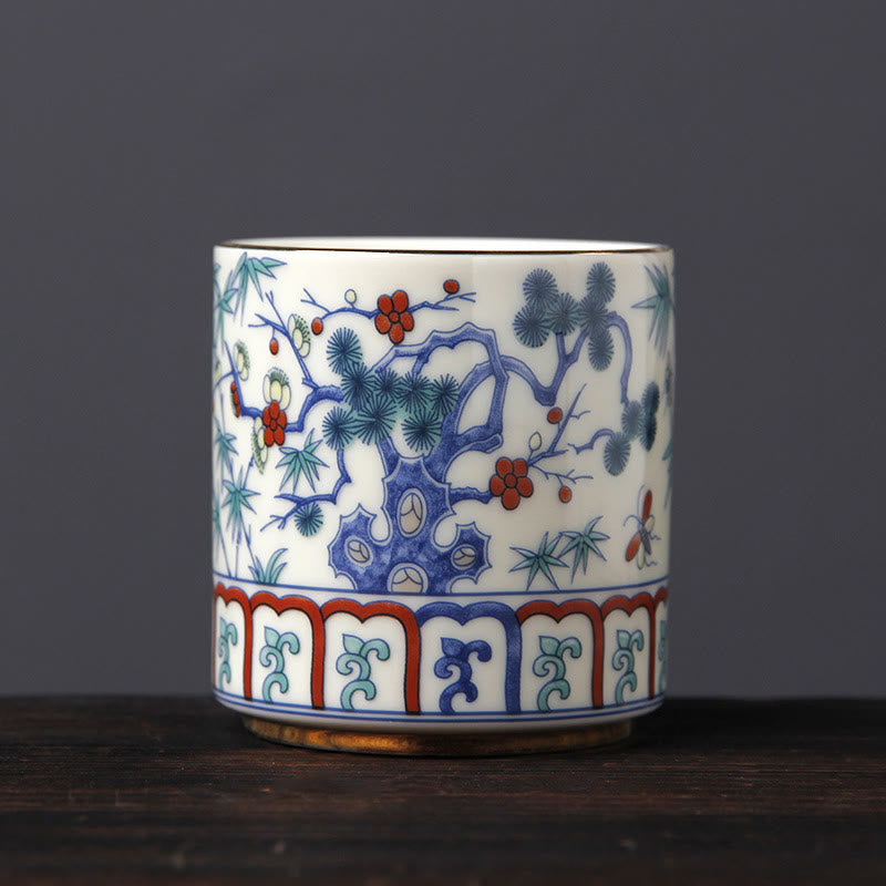Vintage Plum Blossom Pine Bamboo Phoenix Kirin Lion Dancing Ceramic Teacup Tea Cups