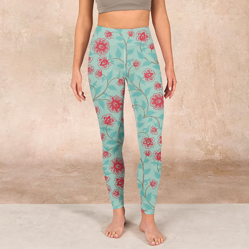 Vine Leaves Blossom Print Gym Leggings Women's Yoga Pants