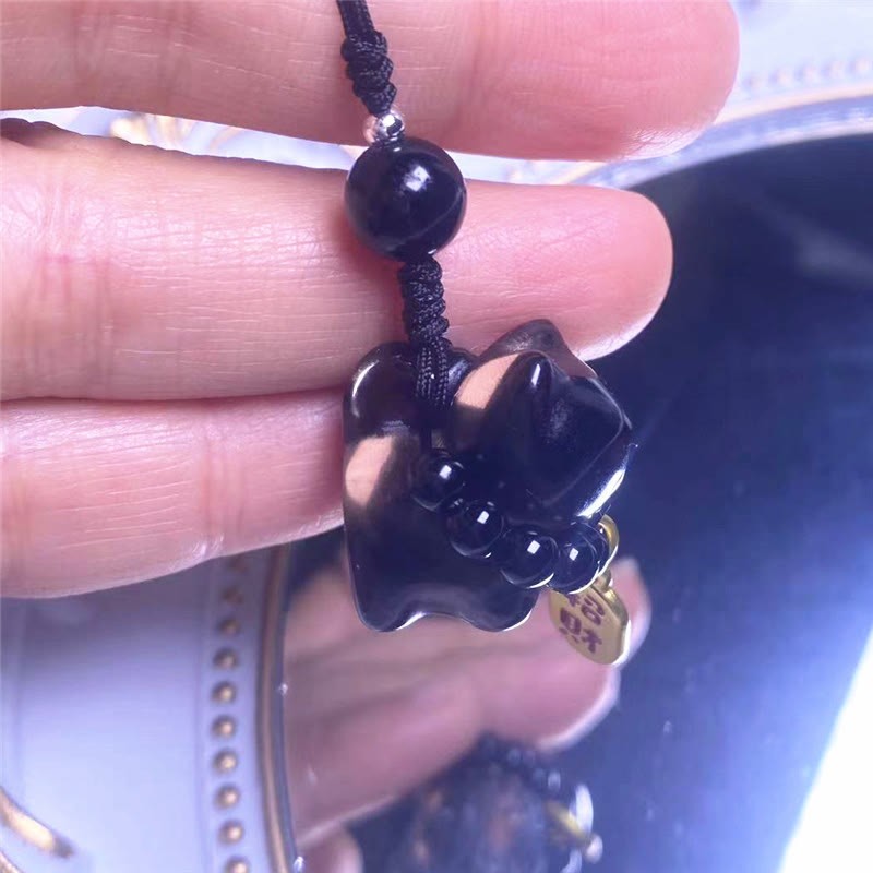 Silver Sheen Obsidian Black Obsidian Gold Sheen Obsidian Cute Cat Fu Character Protection Key Chain Phone Hanging Decoration