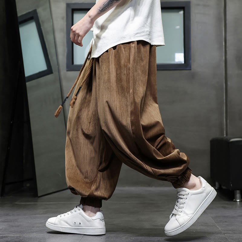 Solid Color Corduroy Drawstring Thermal Men's Harem Pants With Pockets