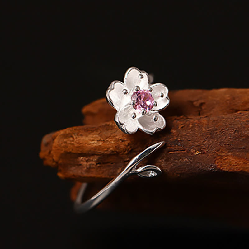 925 Sterling Silver Cherry Blossom Sakura Flower Blessing Adjustable Ring