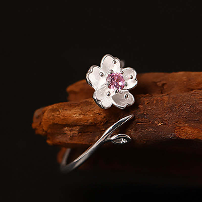 925 Sterling Silver Cherry Blossom Sakura Flower Blessing Adjustable Ring