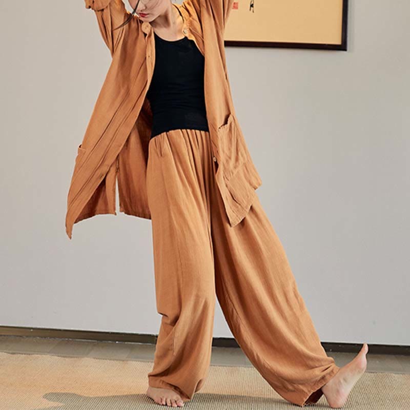 Plain Long Sleeve Coat Jacket Top Wide Leg Pants Zen Tai Chi Yoga Meditation Clothing