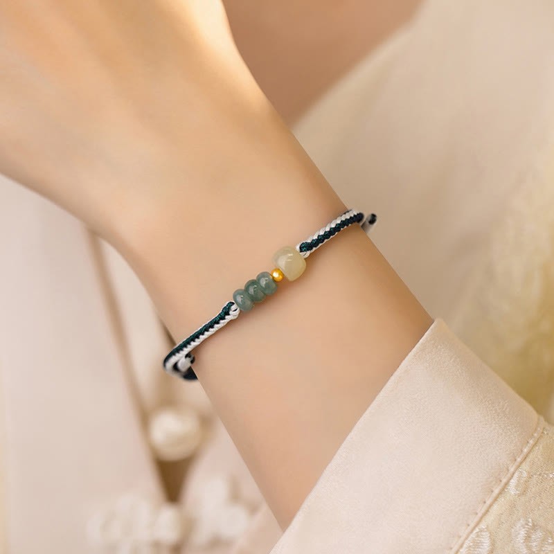 925 Sterling Silver Hetian Jade Bead Abundance Braided Rope Bracelet
