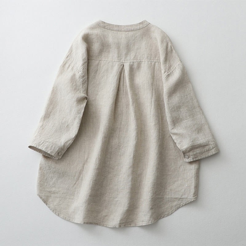 Solid Color Button Three Quarter Sleeve Cotton Linen Shirt