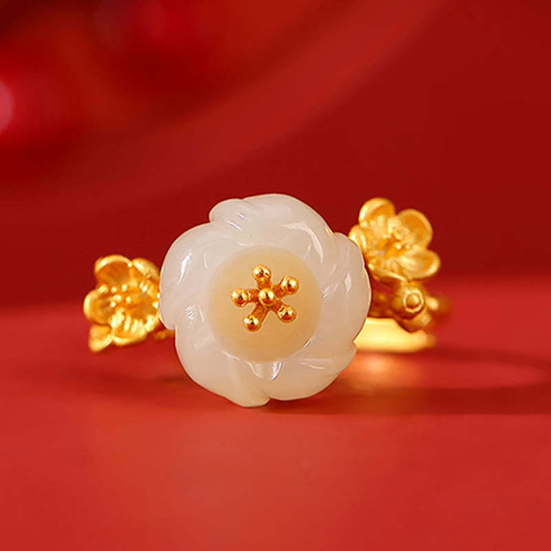 925 Sterling Silver Plated Gold Hetian Jade  Plum Blossom Luck Necklace Pendant Bracelet Bangle Ring