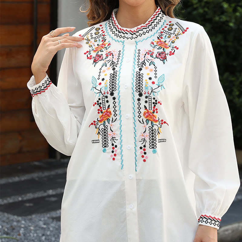 White Casual Embroidery Plants Flower Pattern Button Stand Collar Cotton Women's Shirt