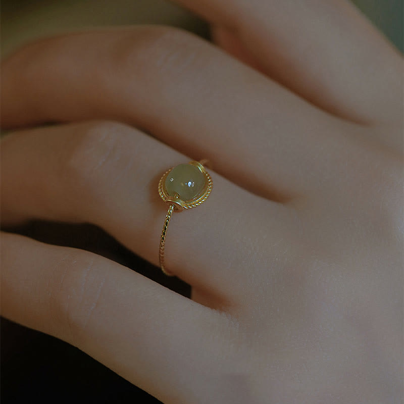 14K Gold Plated Round Jade Luck Prosperity Adjustable Ring