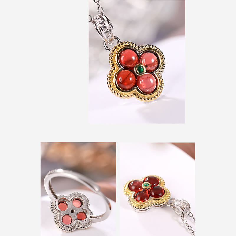 925 Sterling Silver Natural Garnet Four-leaf Clover Protection Necklace Pendant Ring