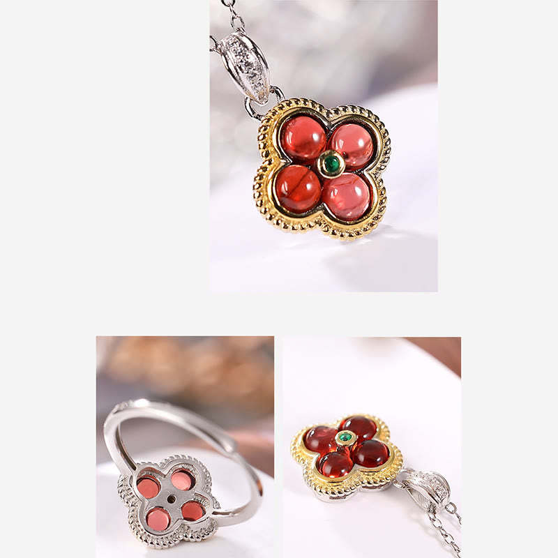 925 Sterling Silver Natural Garnet Four-leaf Clover Protection Necklace Pendant Ring