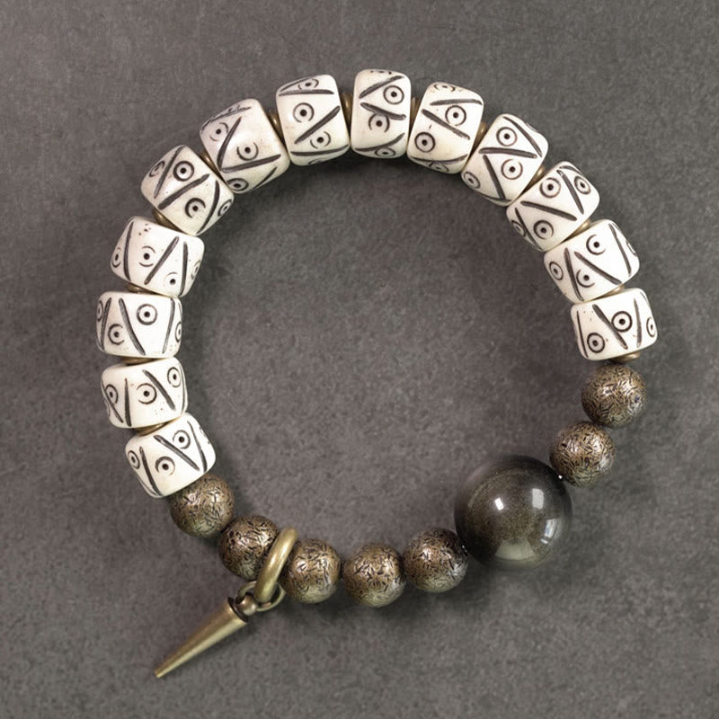 Tibetan Yak Bone Gold Sheen Obsidian Brass Bead Strength Bracelet