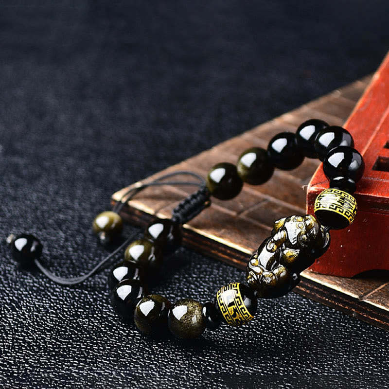 Natural Gold Sheen Obsidian PiXiu Om Mani Padme Hum Wealth Braided Bracelet