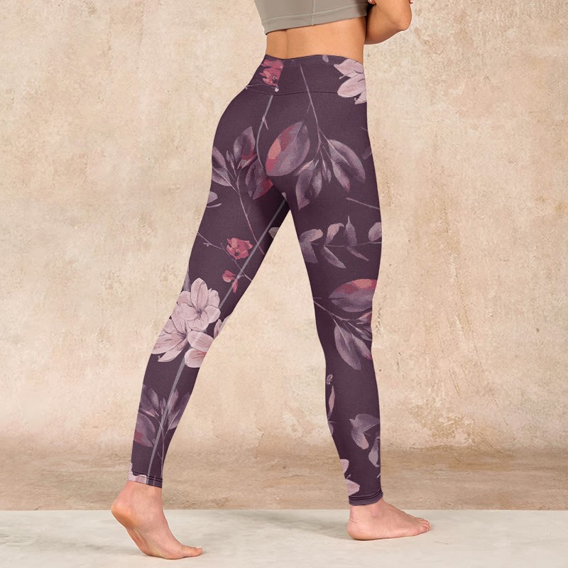 Purple White Flowers Leaves Blossom Print Gym Fitness Leggings Women's Yoga Pants