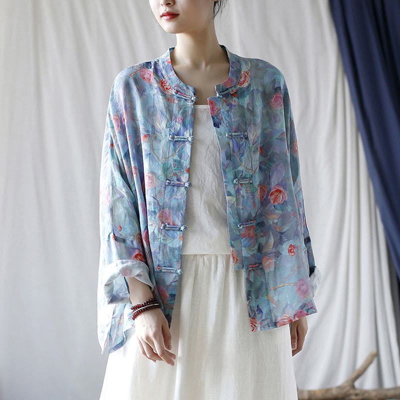 Pink Flowers Green Leaves Print Frog-button Design Long Sleeve Ramie Linen Jacket Shirt