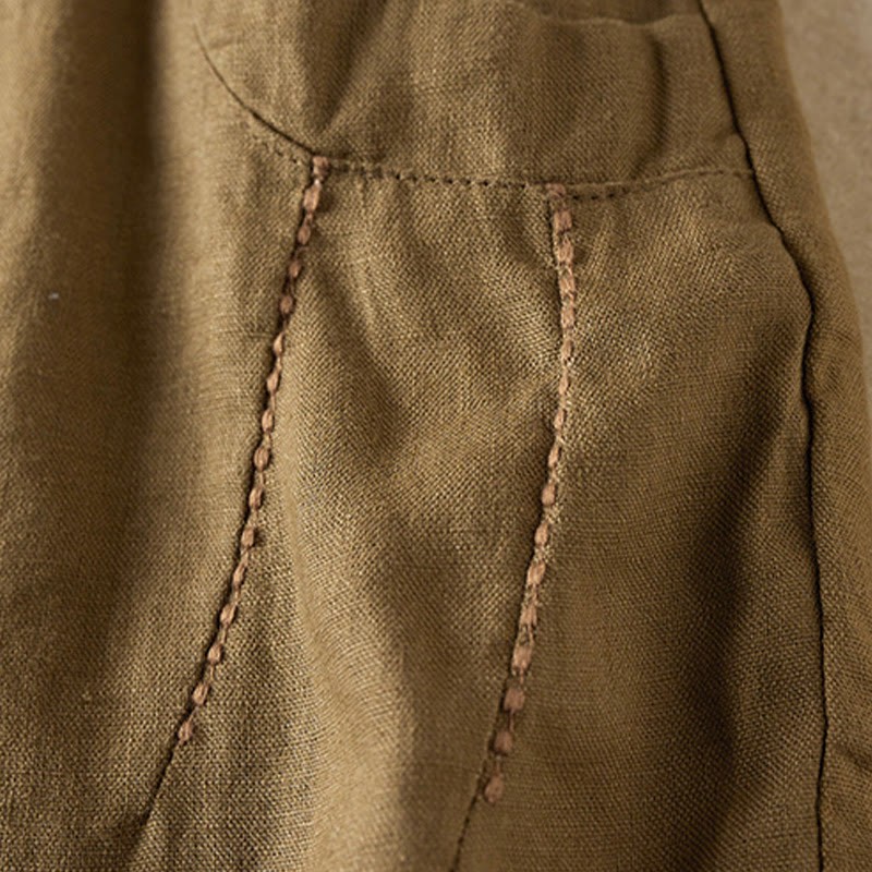 Wild Simple Design Embroidery Drawstring Cotton Linen Women's Shorts With Pockets