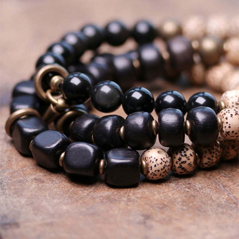 Tibetan Bodhi Seed Black Obsidian Ebony Wood Copper Peace Bracelet