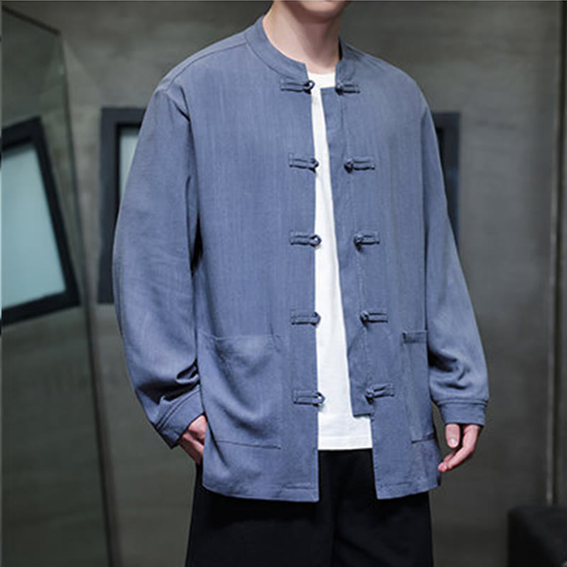 Casual Plain Color Frog-button Linen Men's Jacket Shirt With Pockets