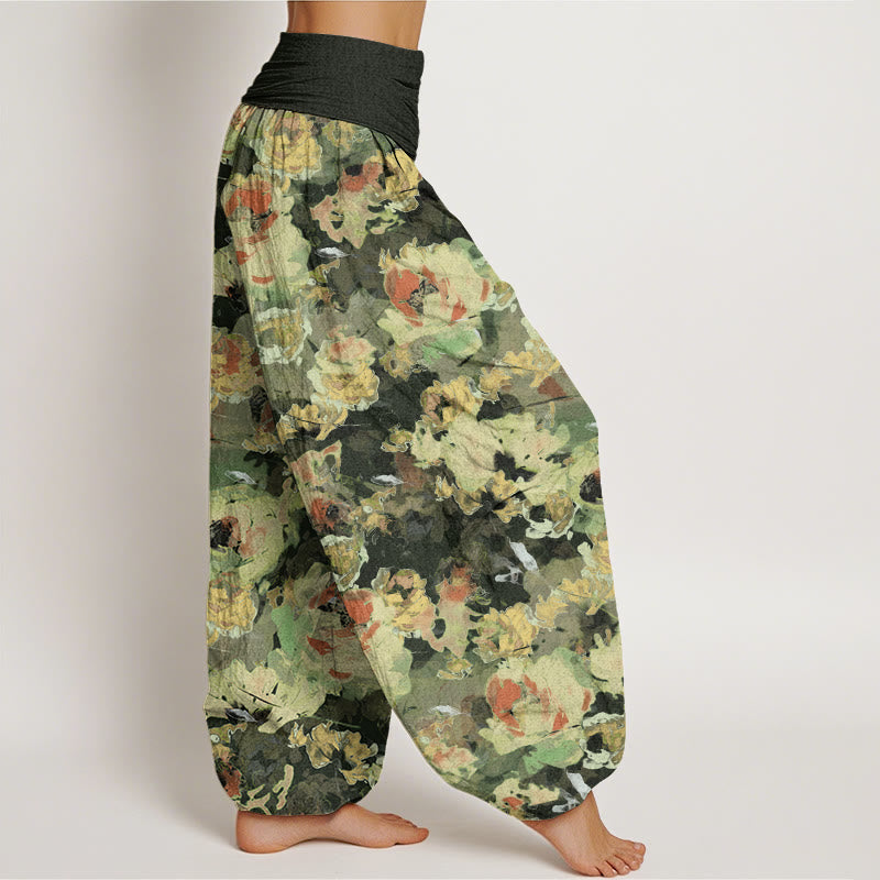 Rose Flowers Pattern Women's Elastic Waist Harem Pants