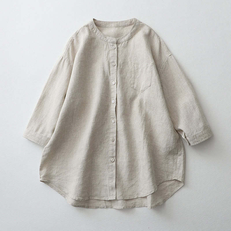 Solid Color Button Three Quarter Sleeve Cotton Linen Shirt