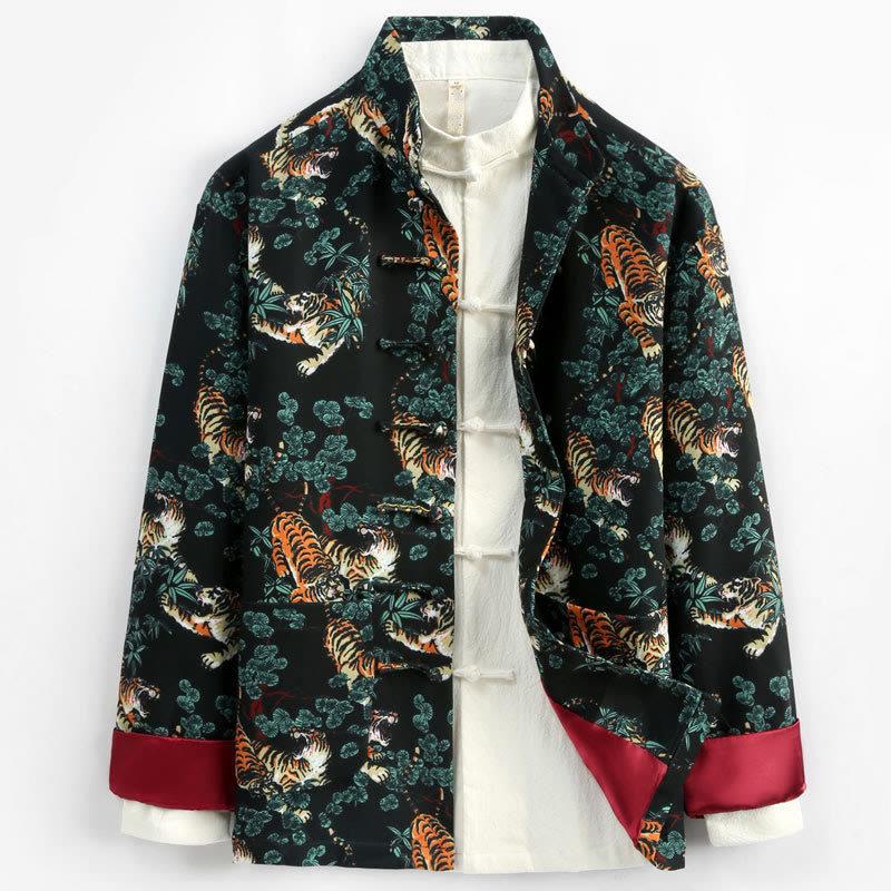 Chinese New Year Forest Tiger Red Cuff Frog-button Tang Suit Men's Jacket Shirt With Pockets