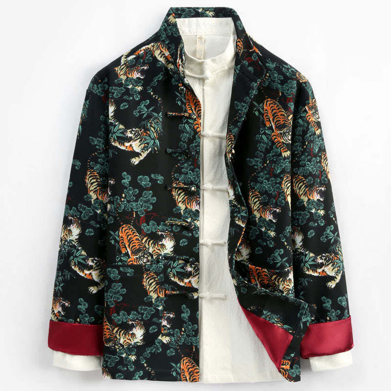 Chinese New Year Forest Tiger Red Cuff Frog-button Tang Suit Men's Jacket Shirt With Pockets
