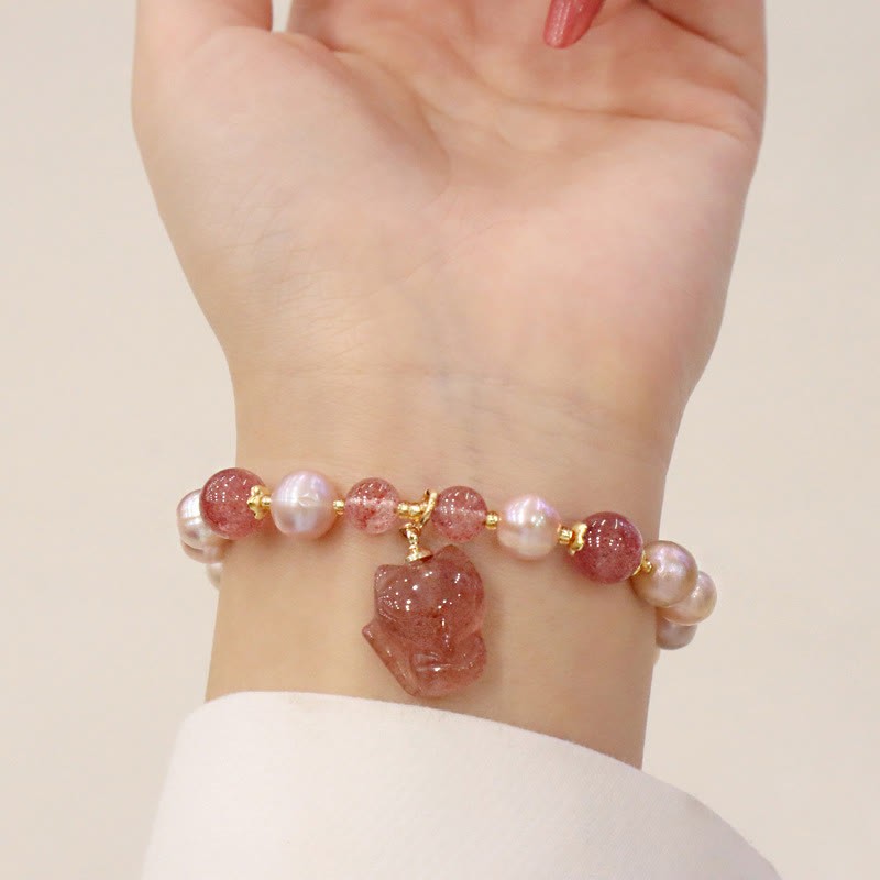Natural Pearl Strawberry Quartz Cute Fox Love Healing Charm Bracelet