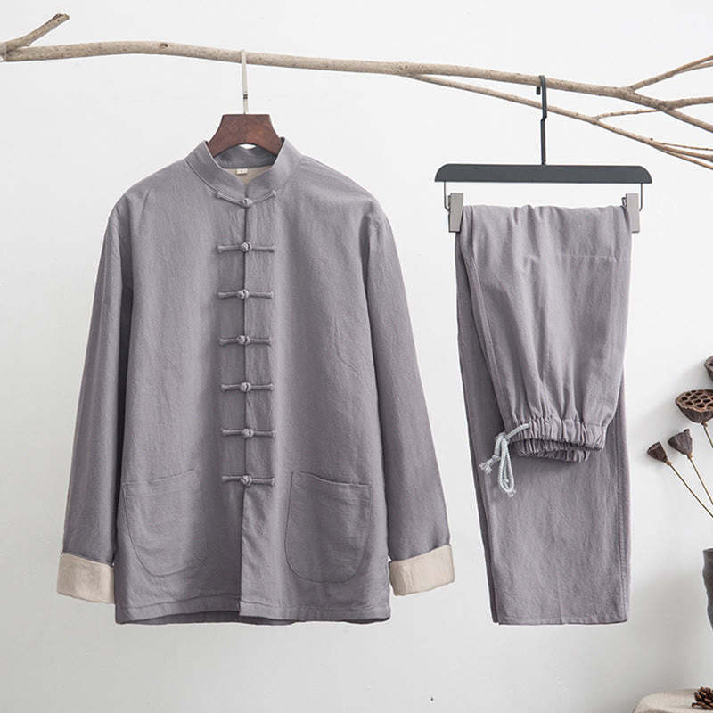 2Pcs Zen Tang Suit Men's Linen Frog-Button Long Sleeve Shirt Pants Set