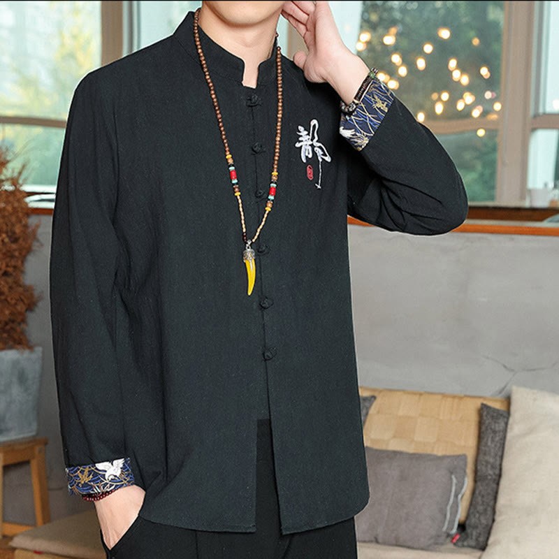Fall Solid Long Sleeve Frog-Button Shirt Linen Men Zen Clothing