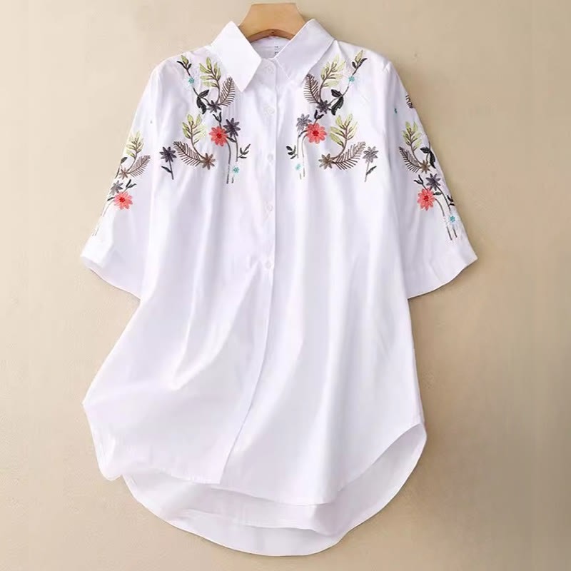 Summer Solid Color Embroidery Plants Flower Three Quarter Sleeve Lapel Button Cotton Women's Shirt
