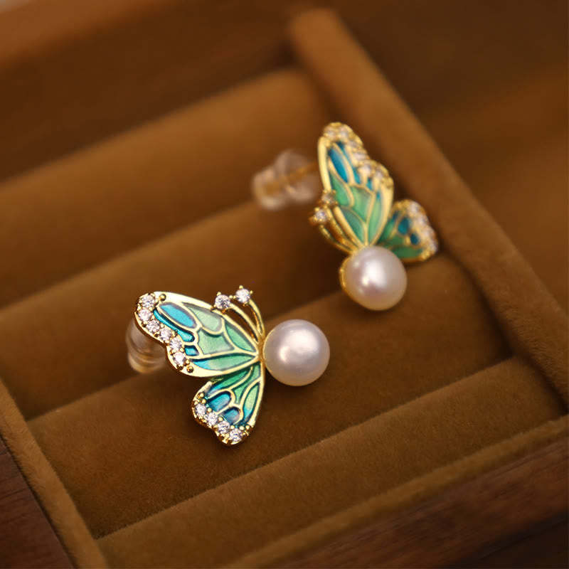 925 Sterling Silver Posts 18K Gold Plated Copper Natural Pearl Butterfly Healing Stud Earrings