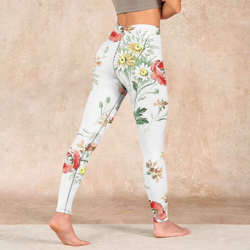 White Daisy Red Flower Print Sports Leggings Women's Yoga Pants