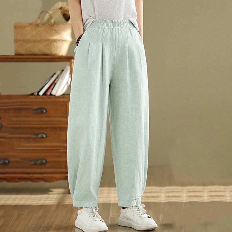 Casual Solid Color Tapered Elastic Waistband Cotton Linen Women's Pants With Pockets