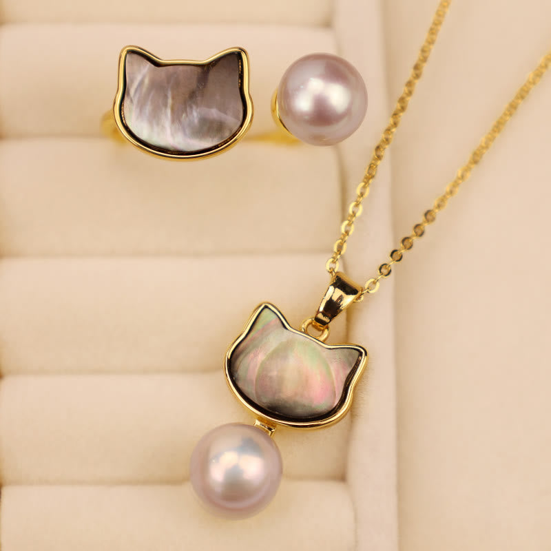Natural Pearl Copper Cat Healing Necklace Pendant Earrings