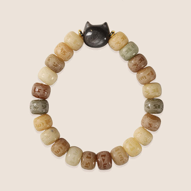 Bodhi Seed Silver Sheen Obsidian Cat Head Om Mani Padme Hum Engraved Harmony Bracelet