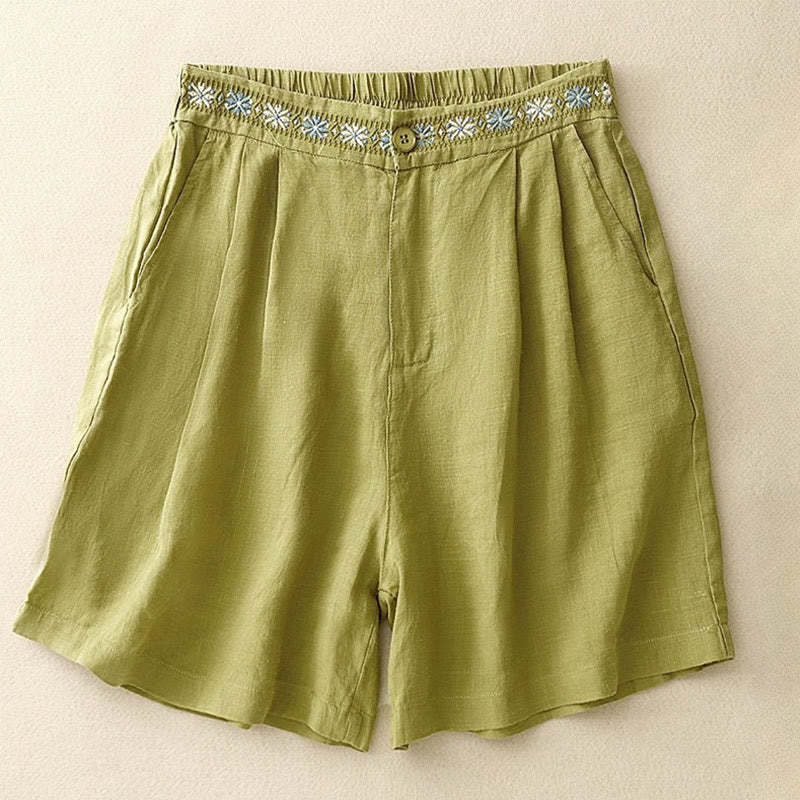 Summer Casual Embroidery Flower Pleated Zipper Button Cotton Linen Women's Shorts With Pockets