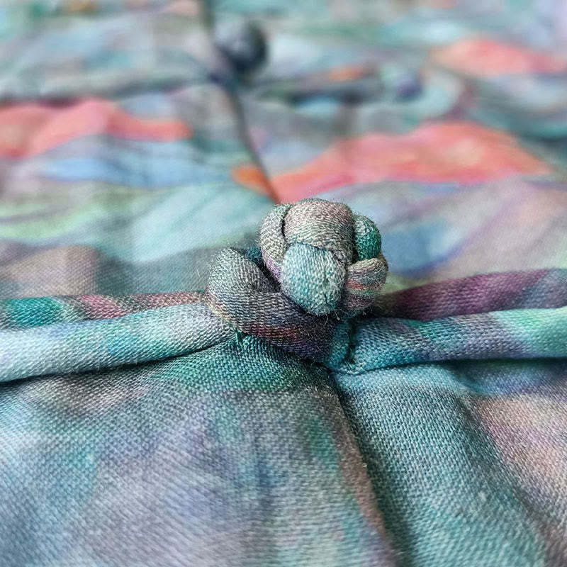 Pink Flowers Green Leaves Print Frog-button Design Long Sleeve Ramie Linen Jacket Shirt