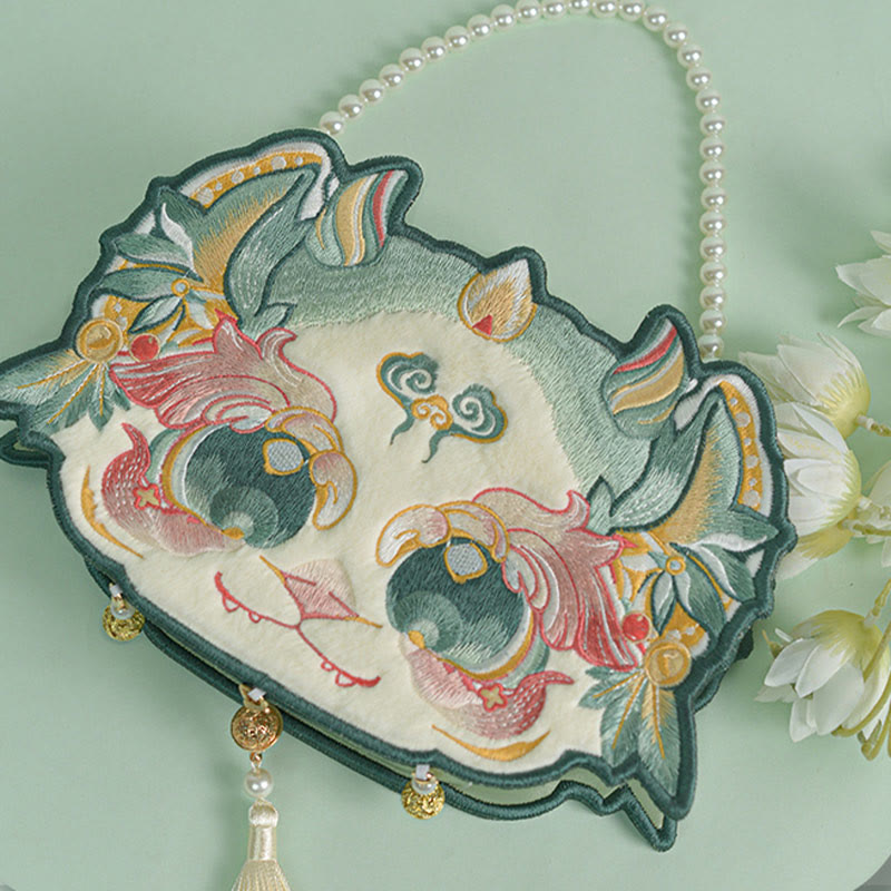 Double-sided Mythical Beast Bai Ze Embroidery Pearl Chain Tassel Shoulder Bag Crossbody Bag