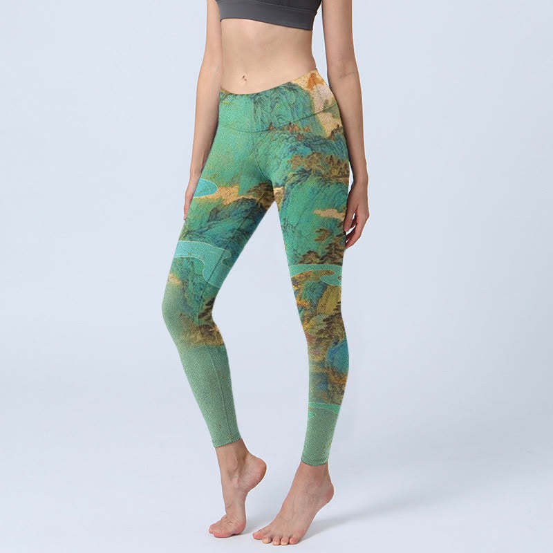Chinese Style Green Mountains Landscape Print Lycra Fabric Fitness Leggings Women's Yoga Pants