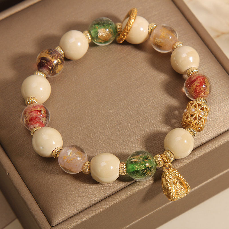 Tibetan Multicolored Liuli Glass Bead mystic zen Lotus Charm Enlightenment Bracelet
