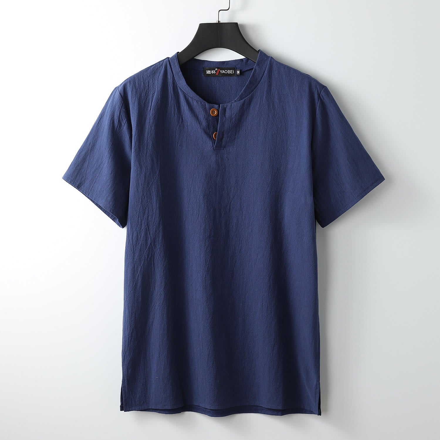 Loose Men's T-shirt Solid Color Top Short Sleeve Button Notched Neck Soft Cotton Linen Shirt
