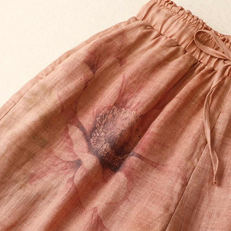 Floral Print High Waist Cotton Linen Drawstring Wide Leg Pants With Pockets