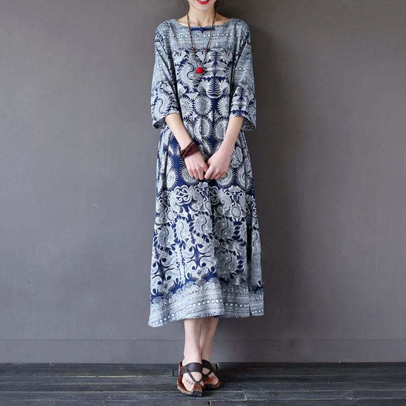 Blue White Flower Printed Button Midi Dress Three Quarter Sleeve Cotton Linen Dress With Pockets