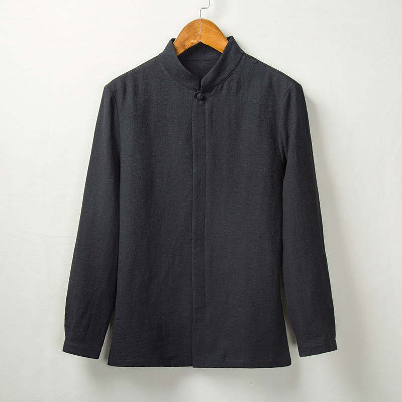 Fall Solid Long Sleeve Button Shirt Cotton Linen Men Clothing