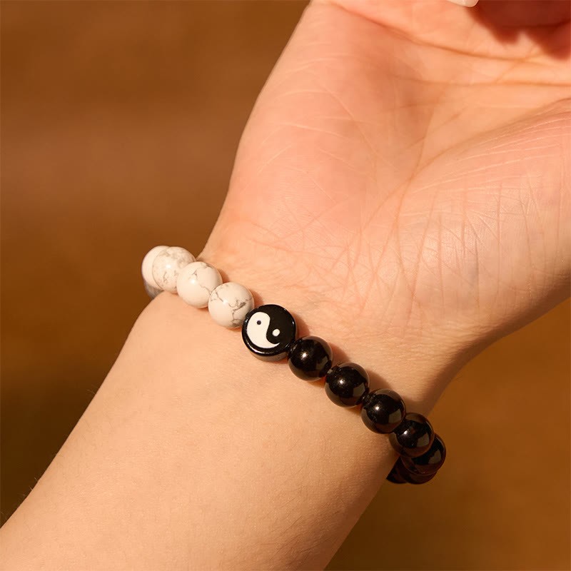 Natural Obsidian White Turquoise Yinyang Tai Chi Strength Bracelet